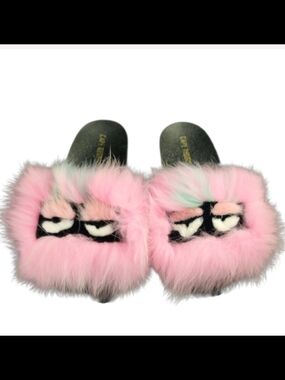 Cape Robbin Pink Faux Fur Slide Sandals with Eye Detail